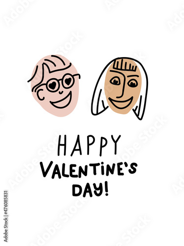 Heterosexual couple  man and woman. Face with emotions of love. Doodle Card with Lettering Happy Valentines Day. Love-day poster and postcard. Hand drawn line art vector illustration.