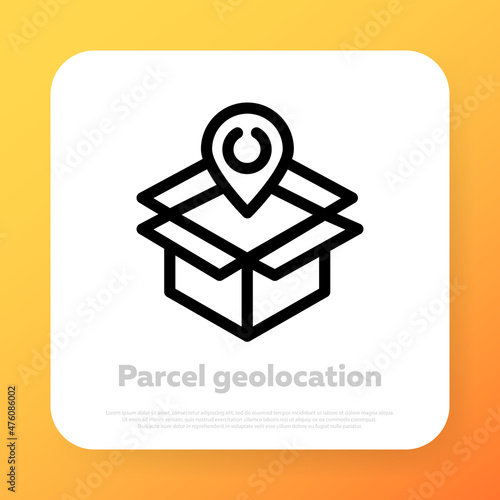 Geotag icon. Parcel geolocation. Online delivery. Vector line icon for Business and Advertising