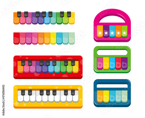 kids toy pianos with multi-colored keys of different shapes