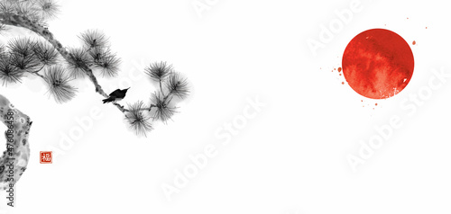 Black bird, pine tree and big red sun, symbol of Japan. Traditional Japanese ink wash painting sumi-e. Translation of hieroglyph - well-being