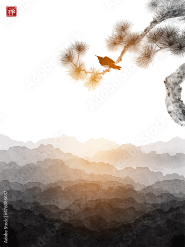 Little bird, pine tree and misty forest mountains. Traditional oriental ink painting sumi-e, u-sin, go-hua. Translation of hieroglyph - zen