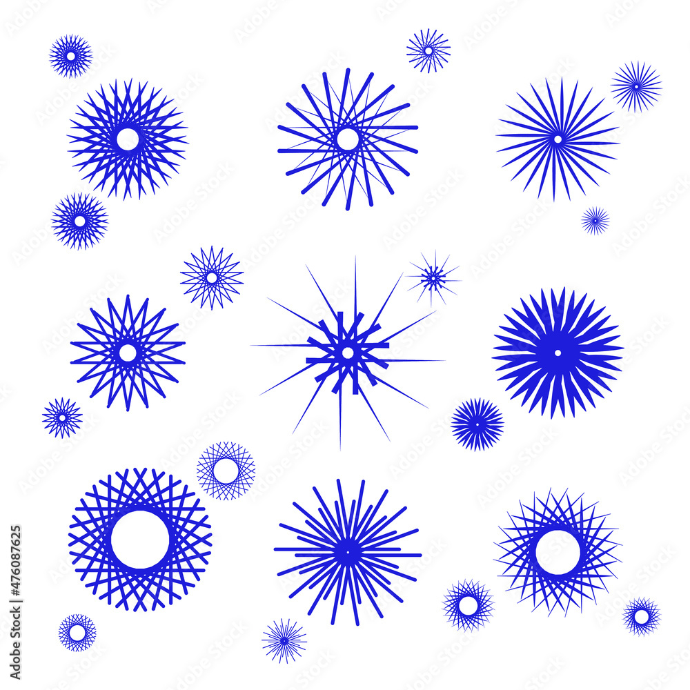 Set of patterns of solar halo, sun crown, snowflakes, glitter of stars. Vector illustration for design in blue and white. Set of patterns of solar halo, sun crown, snowflakes, glitter of stars. Vector illustration for design in blue and white.