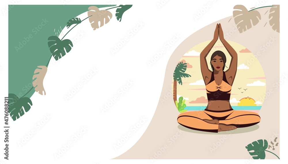 Template for yoga classes. Web page, banner or postcard with a yoga girl practicing in nature. Vector. Graphic illustration. Template for yoga classes. Web page, banner or postcard with a yoga girl practicing in nature. Vector. Graphic illustration.