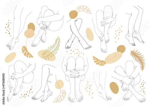 Collection. Silhouettes of human legs and leaves in a modern one line style. Plants solid drawing  decor outline  wall poster  stickers  logo. Vector illustration set.