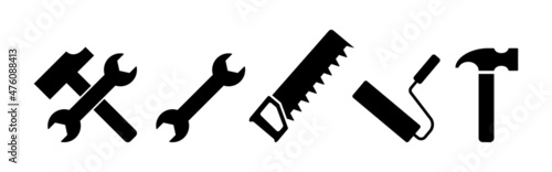 Instruments icon set. Hammer saw roller shovel. Vector line icon for Business and Advertising