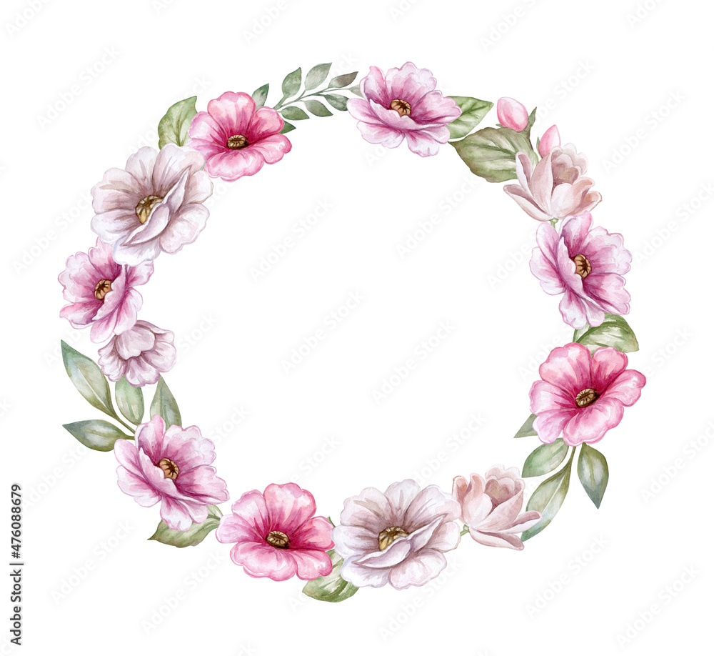 ring, wreath of pink flowers, roses floral frame, vignette isolated on white background. Bouquet of flower composition. Templates. Watercolor. Illustration. Hand drawing. Greeting card design. Clip ar