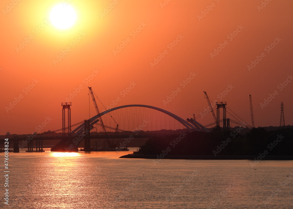 Morning at Mississippi River new bridge construction site Morning at Mississippi River new bridge construction site