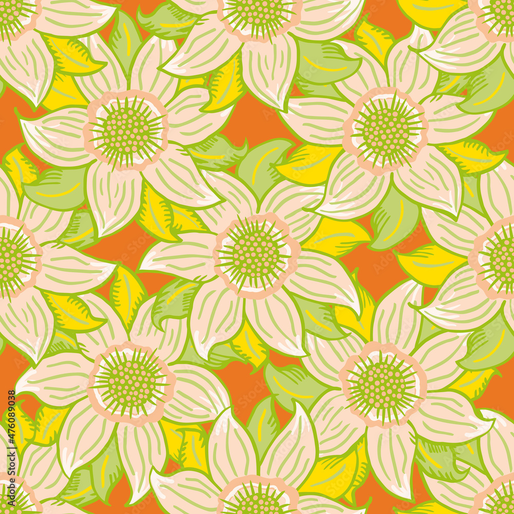 Tropical six petal flower vector seamless pattern. Bright green orange, yellow background with hand drawn flowers and leaves. Overlapping jungle plant motifs. Textural repeat for summer, vacation