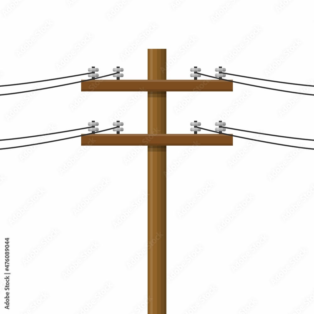 Electric pole isolated on white background. Wood power lines, Electric