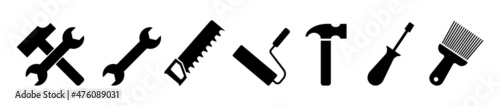 Instruments icon set. Hammer, saw, roller icon. Vector line icon for Business and Advertising