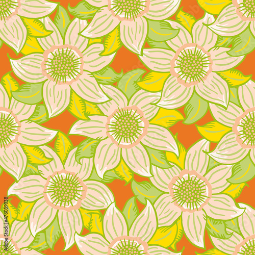 Tropical six petal flower vector seamless pattern. Bright green orange, yellow background with hand drawn flowers and leaves. Overlapping jungle plant motifs. Textural repeat for summer, vacation