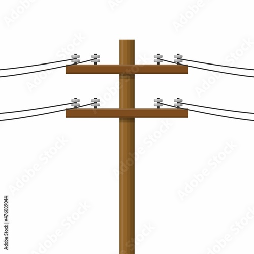 Electric pole isolated on white background. Wood power lines, Electric power transmission. Utility pole Electricity concept. High voltage wires, Vector illustration