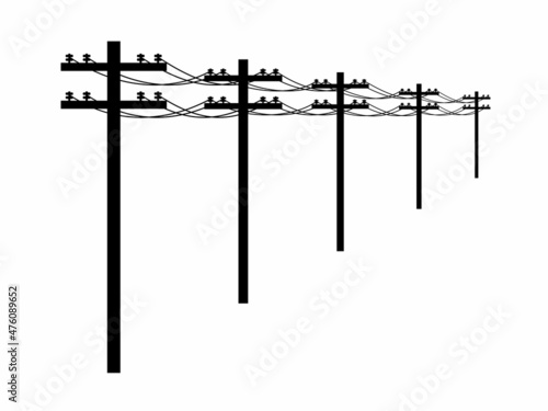 Electric pole icon perspective isolated on white background. Power lines silhouette, Electric power transmission. Utility pole Electricity concept. High voltage wires, Vector illustration