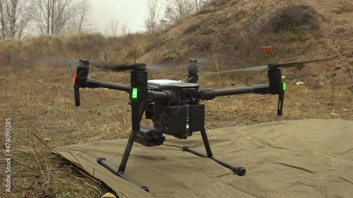 Military drone takes off.Modern, military drone.Close-up.