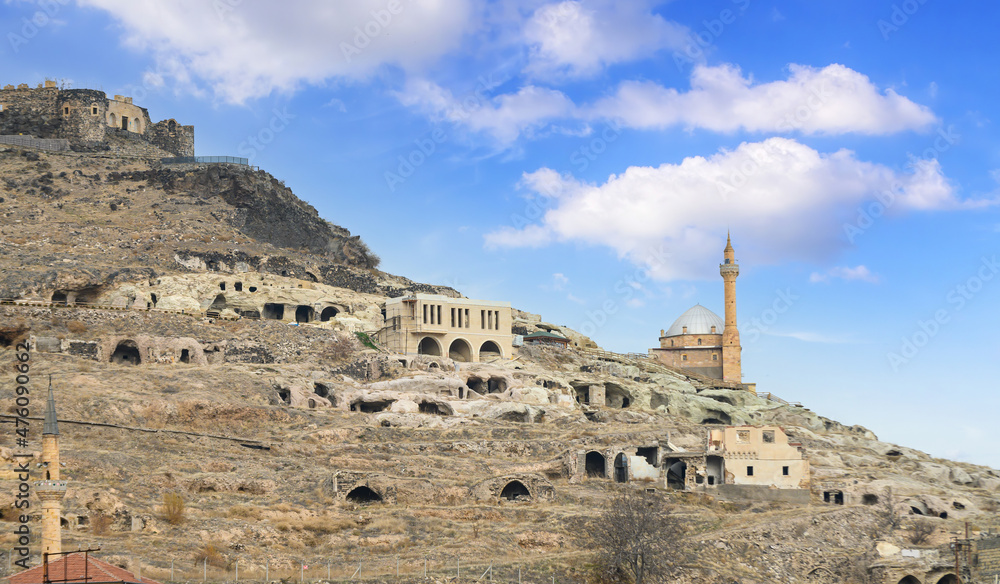 Nevsehir castle and Kayasehir underground rock city in Nevsehir, Turkey