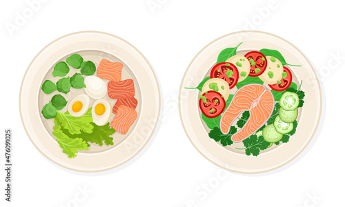 Top view of seafood dishes set. Salmon fish served on plates with vegetables vector illustration