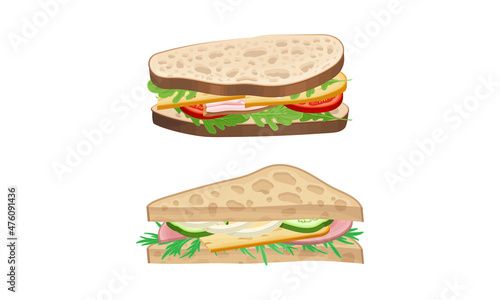 Sandwiches set. Wheaten bread with cheese, bacon and vegetables vector illustration