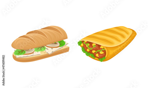 Sandwiches set. Subs and burrito with lettuce, tomato, meat and cheese vector illustration