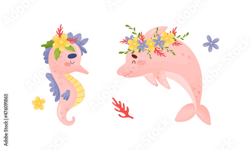 Sea animals in wreath of flowers set. Cute dolphin and seahorse marine baby creatures with flowers vector illustration