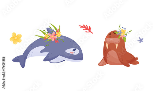 Sea animals in wreath of flowers set. Cute killer whale and sea lion marine baby creatures with flowers vector illustration