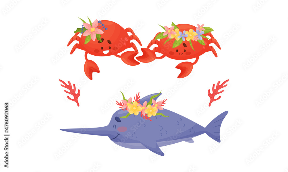 Sea animals in wreath of flowers set. Cute narwhal and crab marine baby creatures with flowers vector illustration Sea animals in wreath of flowers set. Cute narwhal and crab marine baby creatures with flowers vector illustration