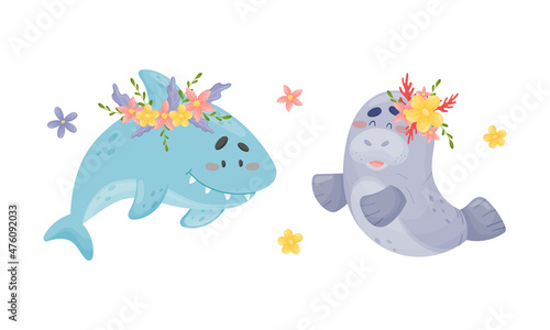 Sea animals in wreath of flowers set. Cute seal and shark marine baby creatures with flowers vector illustration