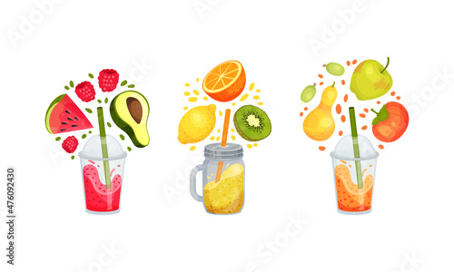 Fruit smoothies set. Watermelon, lemon, avocado, lemon, orange, persimmon falling into glass bottle. Detox drink, healthy eating concept vector illustration