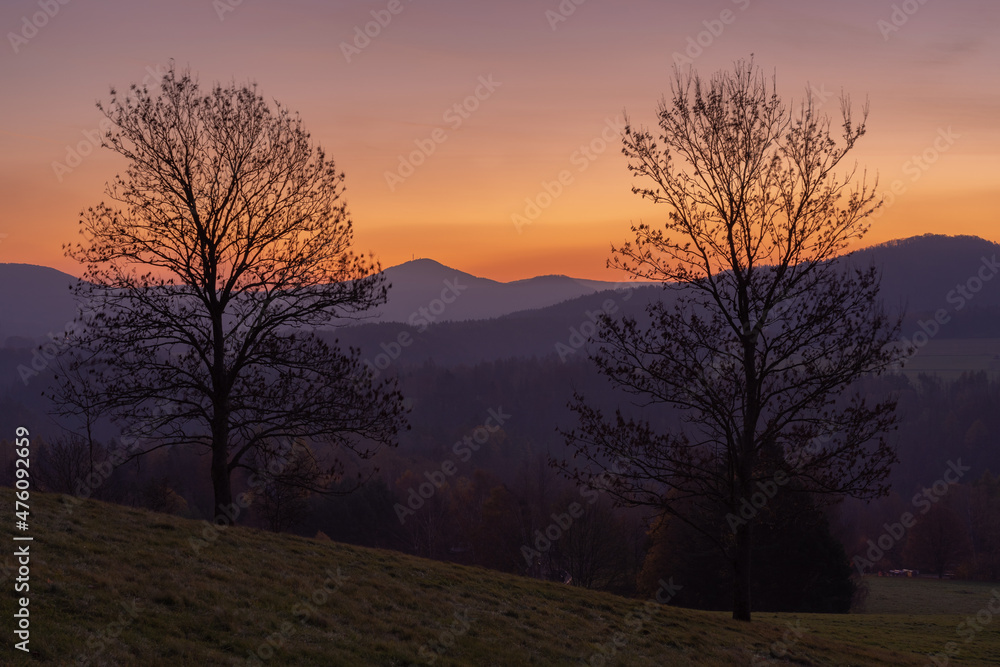 Sunrise in Bohemian Switzerland national park in the Czech republic seen from Cross hill (Křížový vrch). Beautiful morrning tranquil scene with two tall trees in foreground