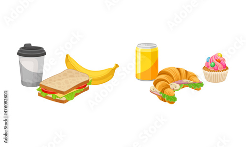 Takeaway food set. Sandwich, stuffed croissant, cupcake, banana and drinks, students snack meal vector illustration