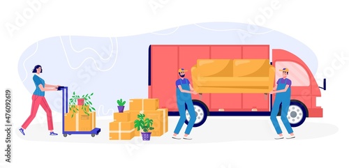 Worker moves new office, home, house. People moving and collect supplies in boxes in track. Persone cartoon characters packing belongings. Young gay unpacking concept, delivery, relocation,