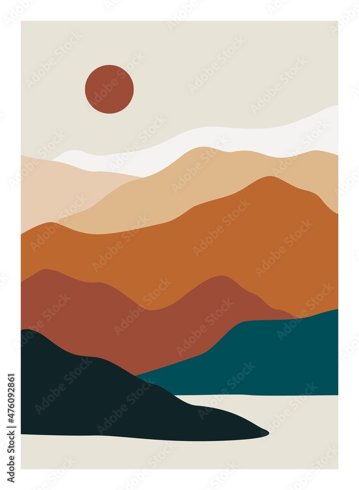 Mountain landscape poster. Abstract nature background, contemporary hills, lake sea moon sun, vector wall art for print Mountain landscape poster. Abstract nature background, contemporary hills, lake sea moon sun, vector wall art for print