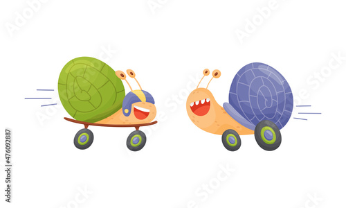 Funny fast snails set. Mollusk characters riding in wheels vector illustration