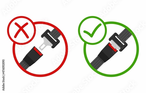Fasten your seat belts, unblocked and blocked driver and passengers seat belt icons with fastener and black strap. Safety belt for protection equipment for car and plane. Lifesaver vector