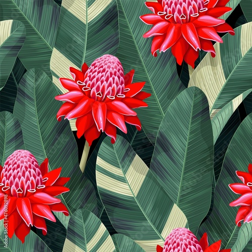 Vector seamless pattern with flowers and palm leaf