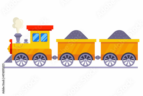 transportation of coal by steam locomotive. children toy railroad. flat vector illustration.