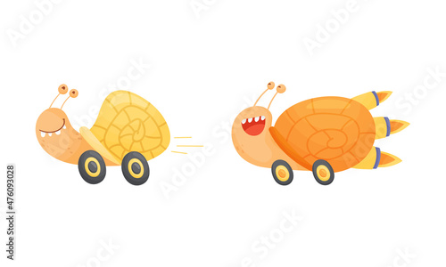 Fast snails set. Funny happy smiling mollusk characters riding on wheels vector illustration