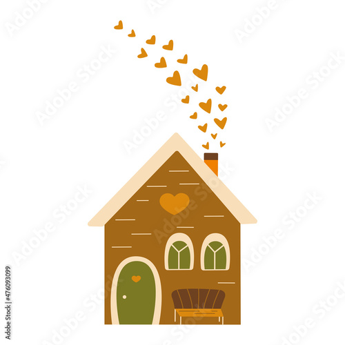 Sweet home with a bench and hearts from the pipe. Home for lovers. Valentines Day. Colorful vector isolated illustration hand drawn
