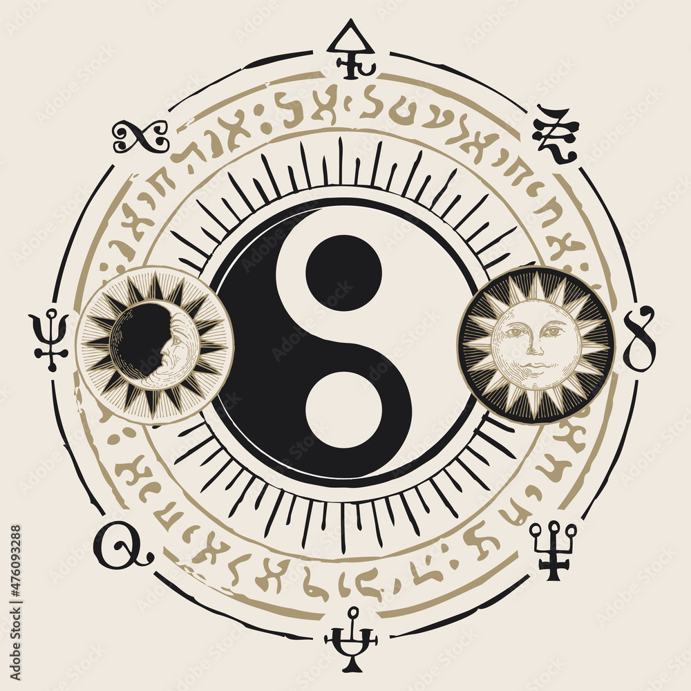 Obraz premium Vector yin-yang symbol with sun, moon and magic signs written in a circle on an old paper background. Mystical sign of balance, harmony, eng Shui, Zen, yoga, unity and opposites, Fday and night