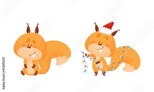 Cute squirrel various activities set. Lovely forest animal character wearing Santa Claus hat holding garland vector illustration