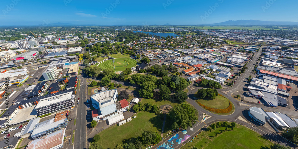 Aerial drone panoramic view, looking over the CBD, Founders Theatre & Seddon Park, over the city of Hamilton (Kirikiriroa) in the Waikato region of New Zealand.