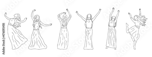 Girls in a long dress and with long hair is dancing with her hands up. Black and white vector set isolated illustration contour hand drawn. Beauty and femininity in movement collection