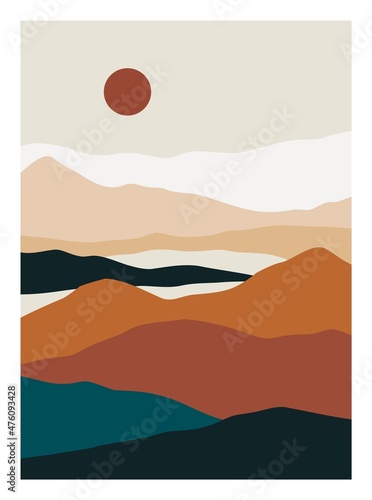 Mountain landscape poster. Minimalist contemporary background moonsun, abstract wall art for print. Vector illustration