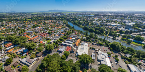 Fototapeta Naklejka Na Ścianę i Meble -  Aerial drone panoramic view, looking towards Waikato Hospital, over the city of Hamilton (Kirikiriroa) in the Waikato region of New Zealand.
