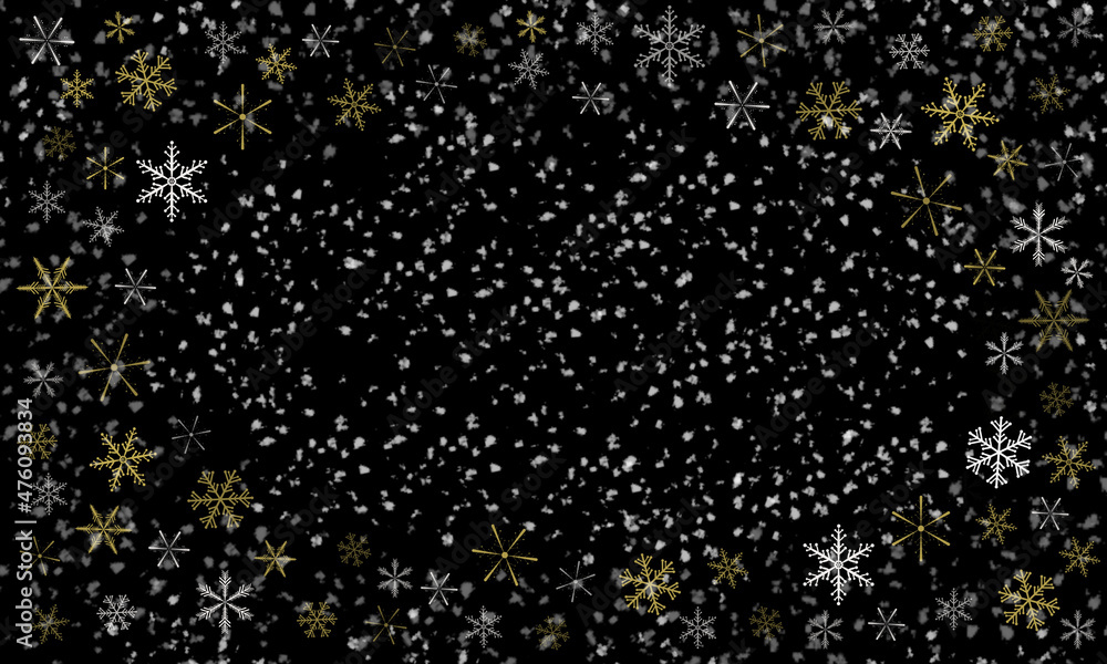 Different  golden and white snowflakes on a black
background