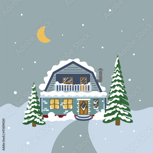 Winter landscape with a house. vector illustration for postcards.