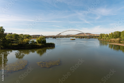 Guadiana river with the Lusitania bridge in the background, Merida, UNESCO World Heritage Site, Extremadura, Spain