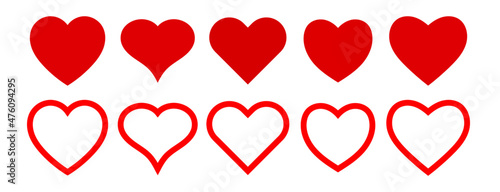 Set of red heart shape icons. Vector heart set. Valentines day hearts. Outlined and filled hearts.