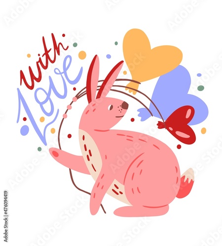 Love lettering and cute romantic bunny with heart balloons for St. Valentines day postcard. Calligraphy and rabbit composition for 14 February. Flat illustration isolated on white background