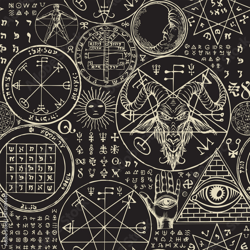 Murais de parede Abstract seamless pattern with hand-drawn goat head, all-seeing eye, sun, moon, vitruvian man, occult and esoteric symbols on a black backdrop