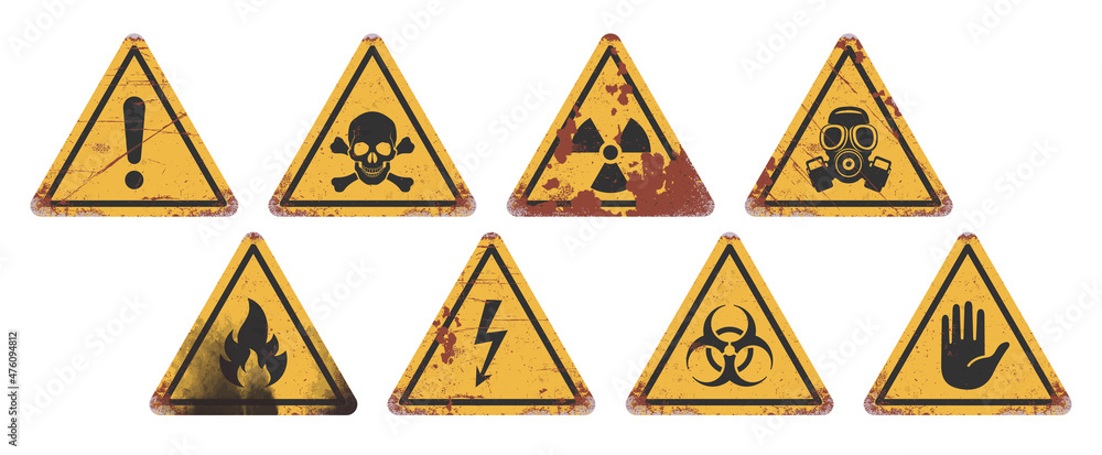Worn out attention signs set. Isolated symbols on white background. Vector illustration Worn out attention signs set. Isolated symbols on white background. Vector illustration